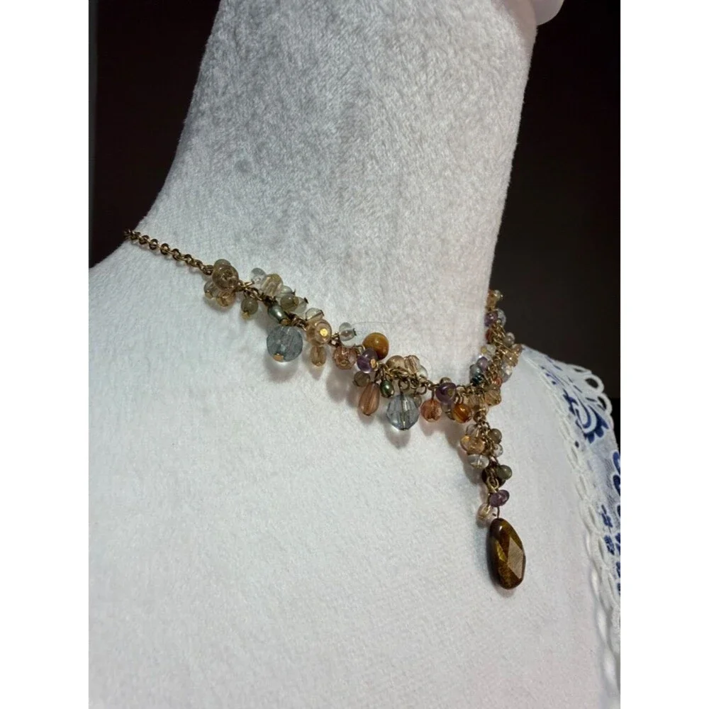 Vintage Avon Beaded Multi-Color Bib Choker/Necklace with Brown Teardrop Pendant